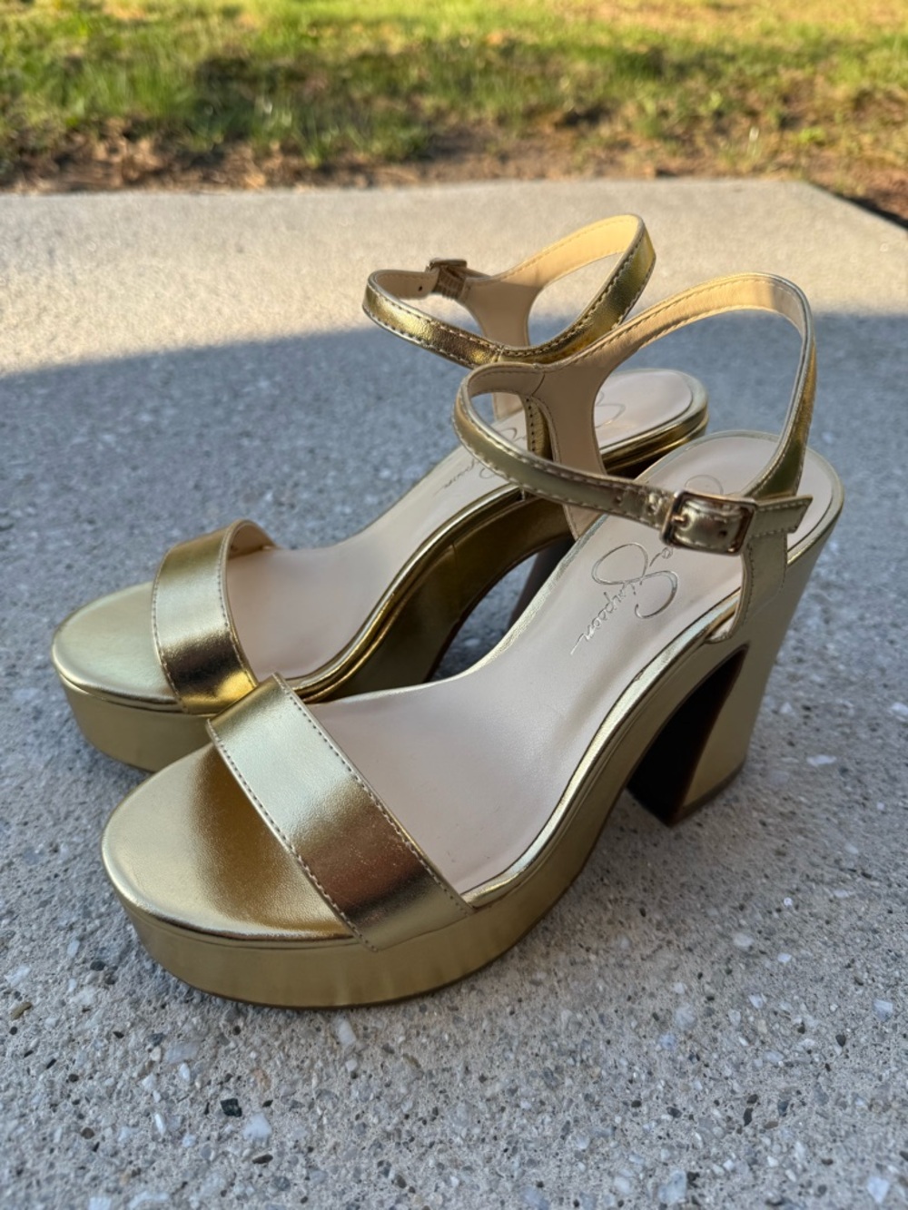 Jessica Simpson Metallic Gold Platform Block Heel Sandals with Ankle Strap
